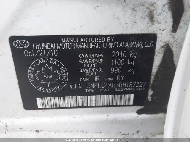 Продаж на аукціоні авто 2011 Hyundai Sonata 2.0t Limited, vin: 5NPEC4AB3BH187227, номер лоту: 12475884