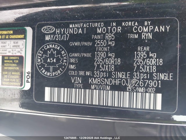 KM8SNDHF0JU267901 Hyundai Santa Fe Xl Premium