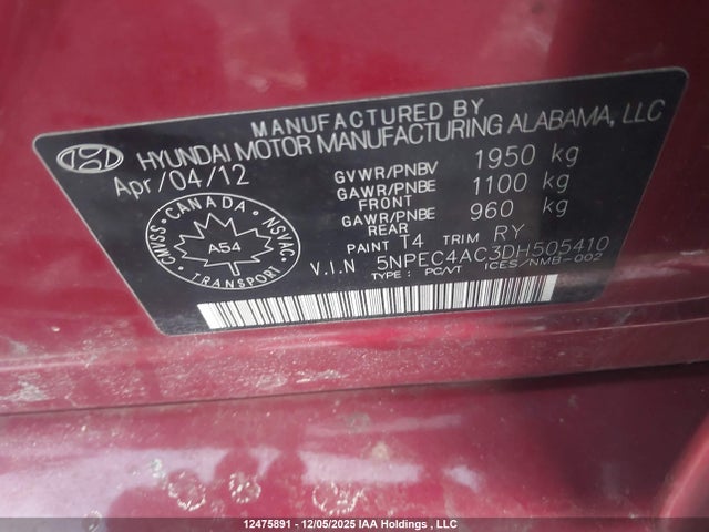 Продаж на аукціоні авто 2013 Hyundai Sonata Se, vin: 5NPEC4AC3DH505410, номер лоту: 12475891