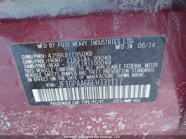 Subaru Impreza 2014 JF1GPAA66EH331117 Image 9