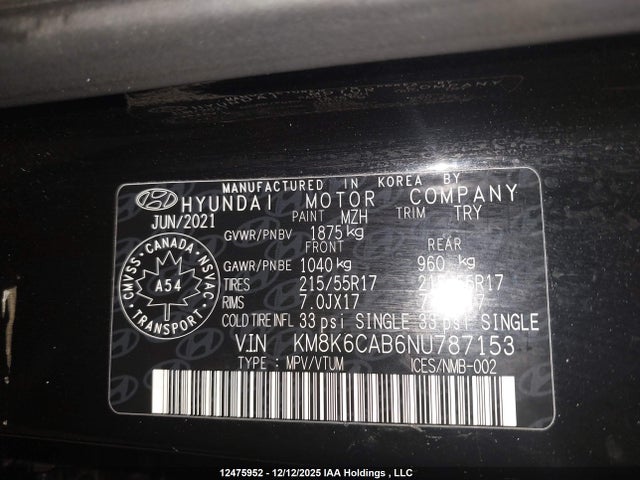 Aukcja sprzedaży 2022 Hyundai Kona Sel, vin: KM8K6CAB6NU787153, numer aukcji: 12475952