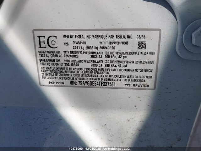 7SAYGDEE4TF337581 Tesla Model Y Long Range/long Range Launch Series