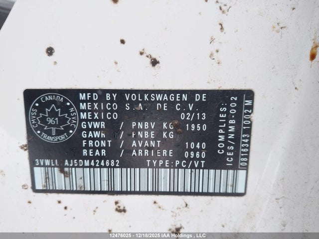 12476025 :رقم المزاد ، 3VWLL7AJ5DM424682 vin ، 2013 Volkswagen Jetta Tdi مزاد بيع