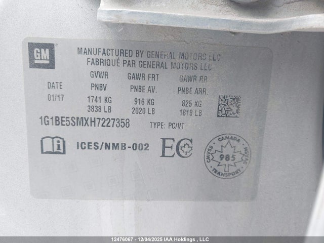 12476067 :رقم المزاد ، 1G1BE5SMXH7227358 vin ، 2017 Chevrolet Cruze مزاد بيع