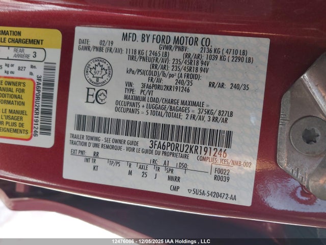 3FA6P0RU2KR191246 Ford Fusion