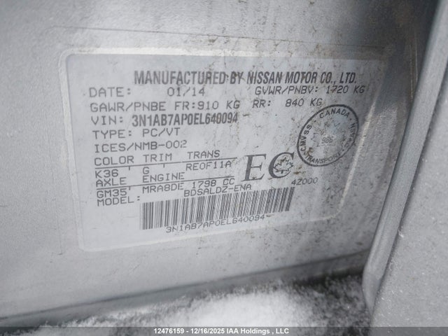 3N1AB7AP0EL640094 Nissan Sentra 1.8 S/1.8 Sl/1.8 Sr/1.8 Sv