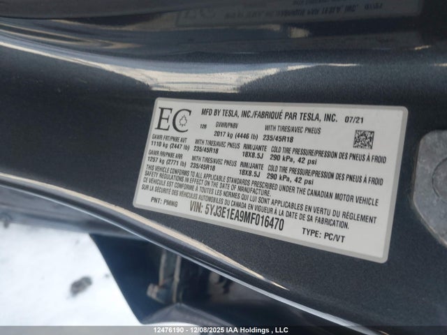 5YJ3E1EA9MF016470 Tesla MODEL 3