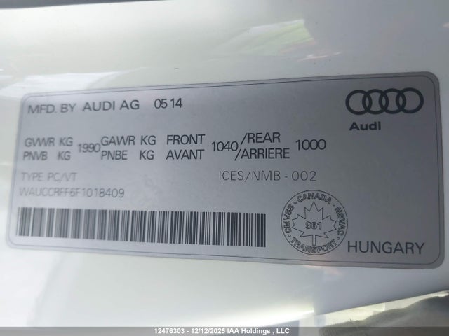 12476303 :رقم المزاد ، WAUCCRFF6F1018409 vin ، 2015 Audi A3 Premium Plus مزاد بيع