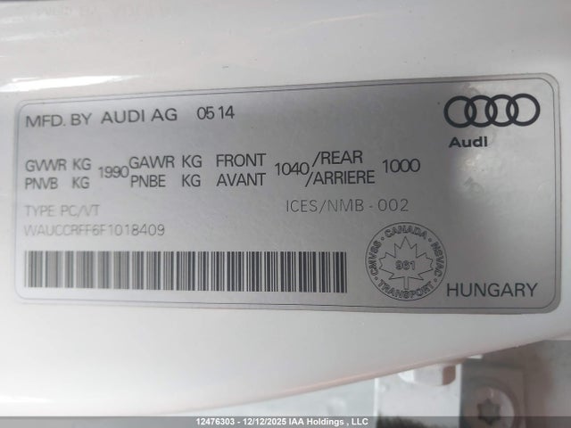 12476303 :رقم المزاد ، WAUCCRFF6F1018409 vin ، 2015 Audi A3 Premium Plus مزاد بيع