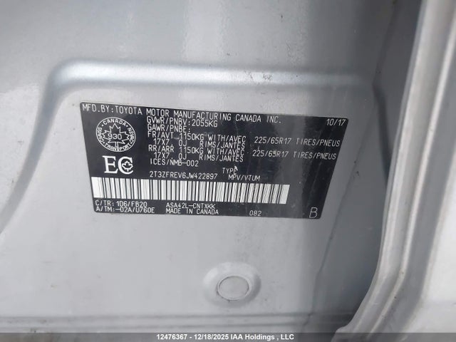 12476367 :رقم المزاد ، 2T3ZFREV6JW422897 vin ، 2018 Toyota Rav4 Le مزاد بيع