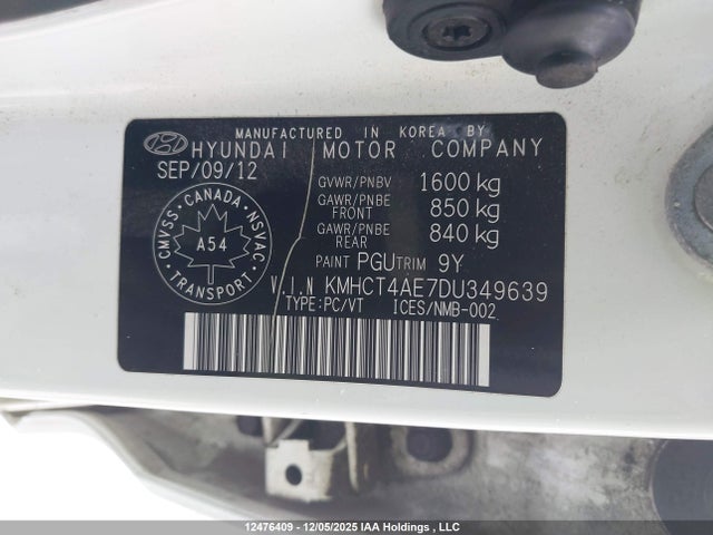 12476409 :رقم المزاد ، KMHCT4AE7DU349639 vin ، 2013 Hyundai Accent Gl مزاد بيع