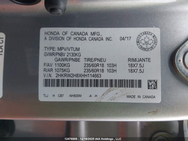 2HKRW2H8XHH114663 Honda Cr-v Ex-l