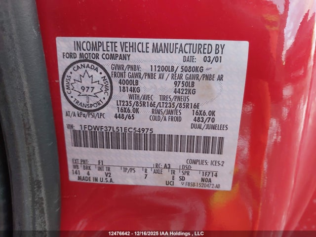 2001 Ford F350 Super Duty მანქანა იყიდება აუქციონზე, vin: 1FDWF37L51EC54975, აუქციონის ნომერი: 12476642