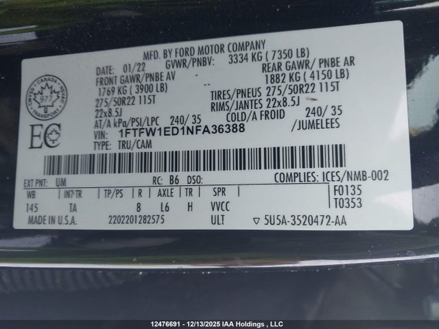 12476691 :رقم المزاد ، 1FTFW1ED1NFA36388 vin ، 2022 Ford F-150 Limited مزاد بيع