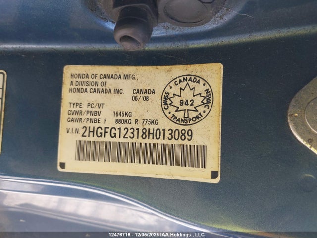 12476716 :رقم المزاد ، 2HGFG12318H013089 vin ، 2008 Honda Civic Dx-g مزاد بيع