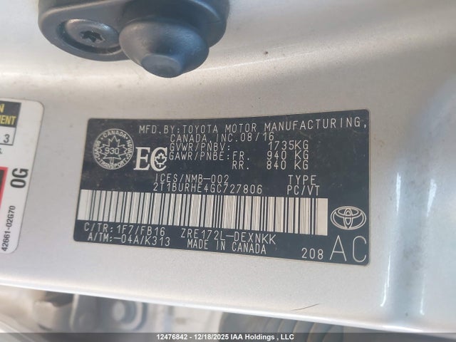 2T1BURHE4GC727806 Toyota COROLLA LE