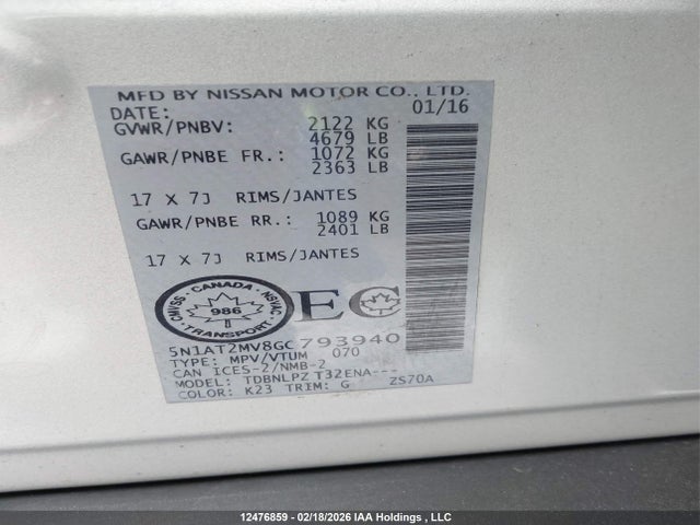 Продажа на аукционе авто 2016 Nissan Rogue S/sl/sv, vin: 5N1AT2MV8GC793940, номер лота: 12476859