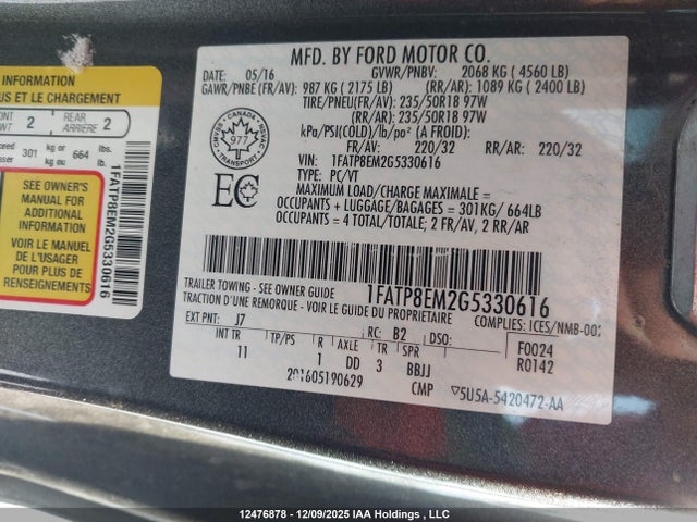12476878 :رقم المزاد ، 1FATP8EM2G5330616 vin ، 2016 Ford Mustang V6 مزاد بيع