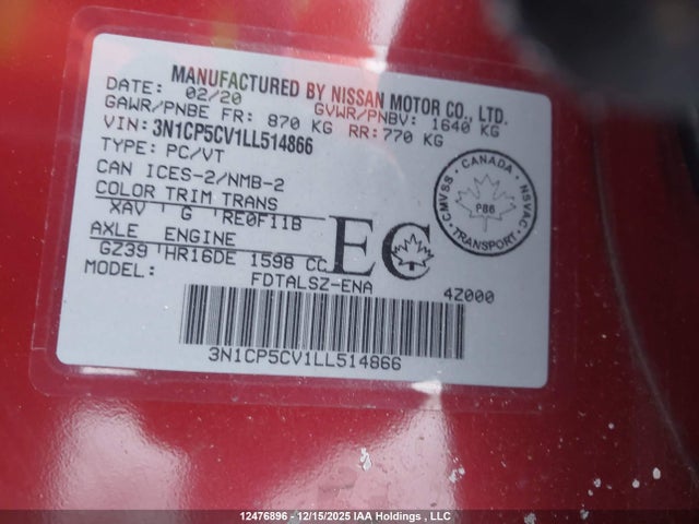 3N1CP5CV1LL514866 Nissan KICKS SV