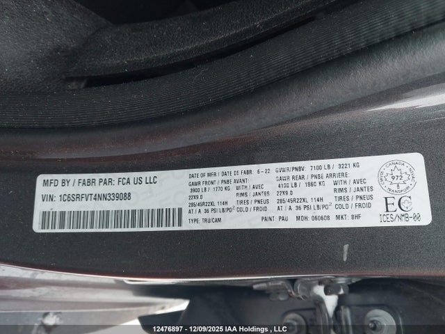 Aukcja sprzedaży 2022 Ram 1500 Sport, vin: 1C6SRFVT4NN339088, numer aukcji: 12476897