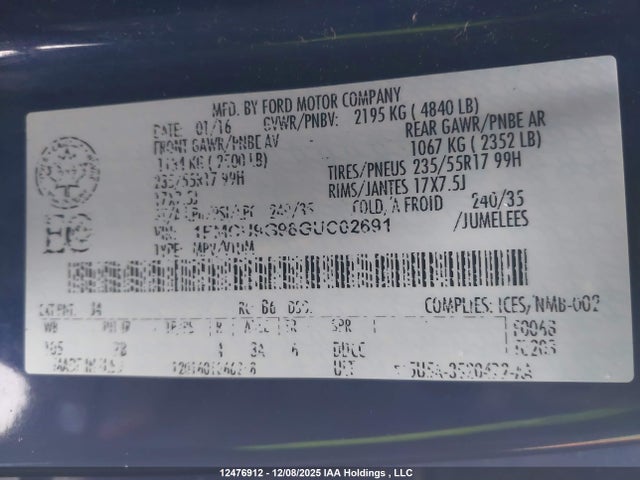 Ford ESCAPE SE 2016 1FMCU9G98GUC02691 Image 9