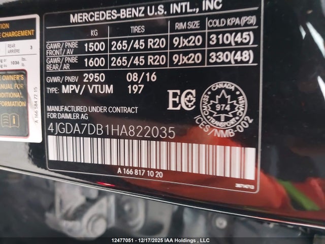 Aukcja sprzedaży 2017 Mercedes-benz Gle 550 4matic, vin: 4JGDA7DB1HA822035, numer aukcji: 12477051