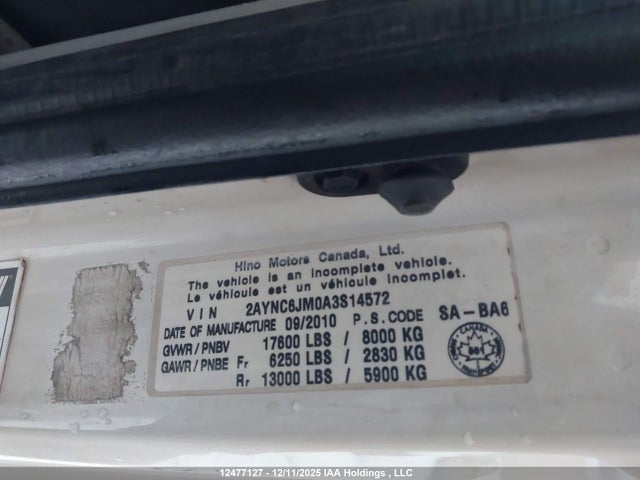 12477127 :رقم المزاد ، 2AYNC6JM0A3S14572 vin ، 2010 Hino Hino 185 مزاد بيع