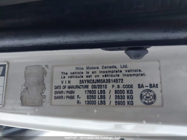 12477127 :رقم المزاد ، 2AYNC6JM0A3S14572 vin ، 2010 Hino Hino 185 مزاد بيع