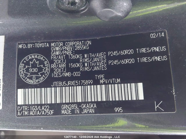 JTEBU5JRXE5175899 Toyota 4runner Sr5/limited/trail