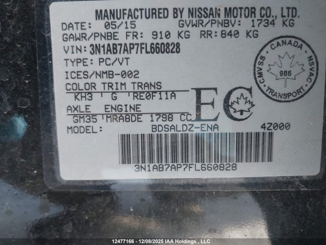 2015 Nissan Sentra S/sv/sr/sl მანქანა იყიდება აუქციონზე, vin: 3N1AB7AP7FL660828, აუქციონის ნომერი: 12477166
