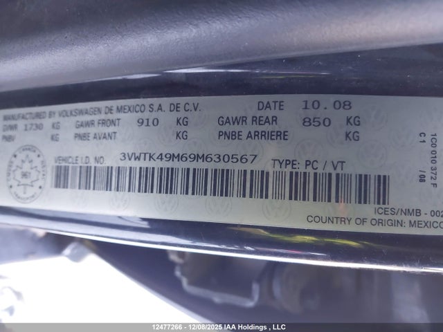 Продажа на аукционе авто 2009 Volkswagen City Jetta 2.0l, vin: 3VWTK49M69M630567, номер лота: 12477266