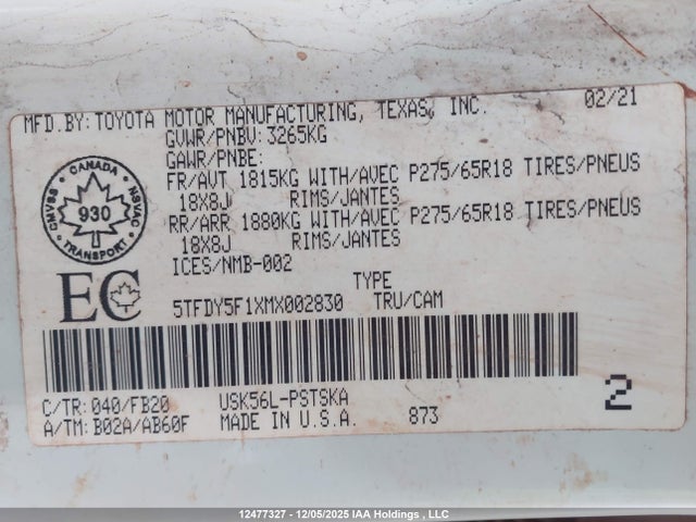 5TFDY5F1XMX002830 Toyota Tundra Crewmax Sr5/crewmax Trd Pro