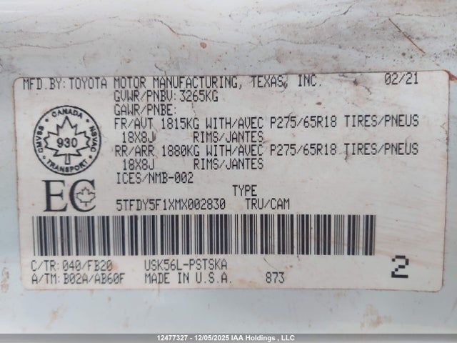 5TFDY5F1XMX002830 Toyota Tundra Crewmax Sr5/crewmax Trd Pro