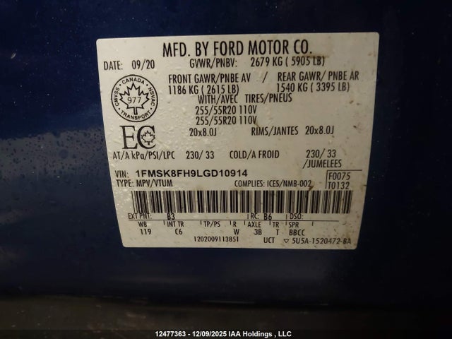 12477363 :رقم المزاد ، 1FMSK8FH9LGD10914 vin ، 2020 Ford Explorer Limited مزاد بيع