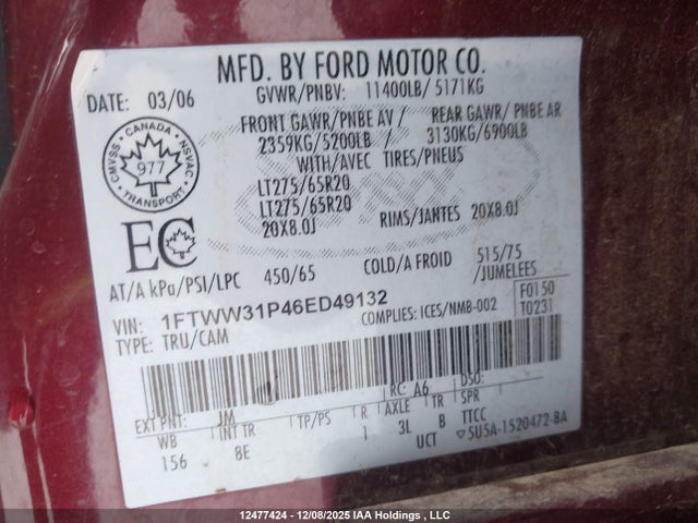 Продаж на аукціоні авто 2006 Ford F350 Srw Super Duty, vin: 1FTWW31P46ED49132, номер лоту: 12477424