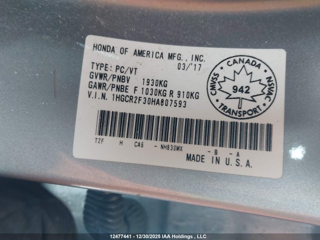 1HGCR2F30HA807593 Honda ACCORD LX