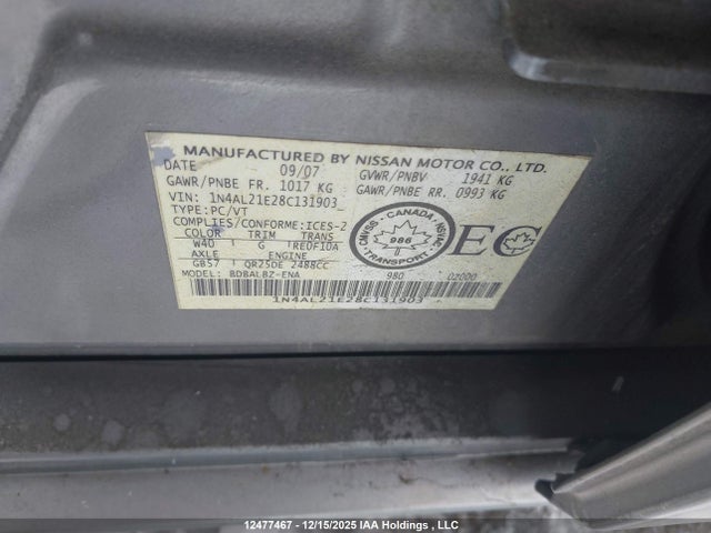 Продажа на аукционе авто 2008 Nissan Altima 2.5 S, vin: 1N4AL21E28C131903, номер лота: 12477467