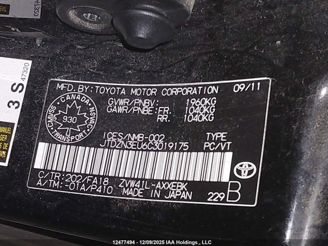 12477494 :رقم المزاد ، JTDZN3EU6C3019175 vin ، 2012 Toyota Prius مزاد بيع
