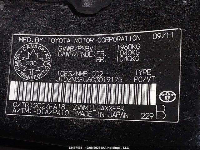12477494 :رقم المزاد ، JTDZN3EU6C3019175 vin ، 2012 Toyota Prius مزاد بيع