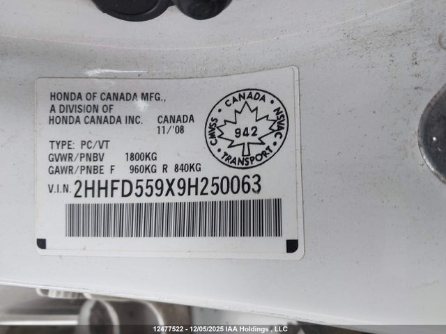 Aukcja sprzedaży 2009 Acura Csx Type-s, vin: 2HHFD559X9H250063, numer aukcji: 12477522