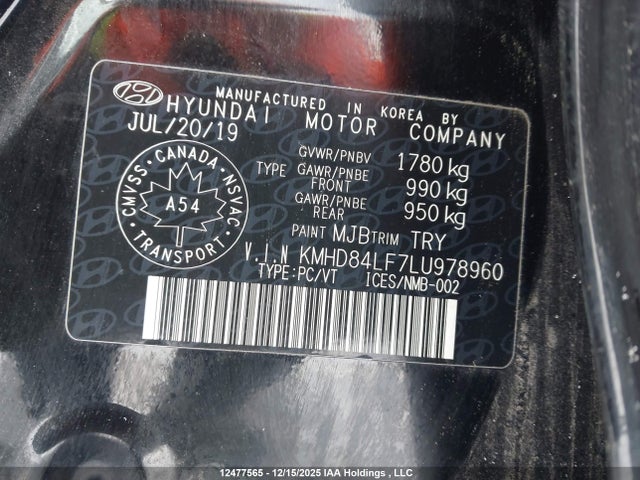 12477565 :رقم المزاد ، KMHD84LF7LU978960 vin ، 2020 Hyundai Elantra مزاد بيع