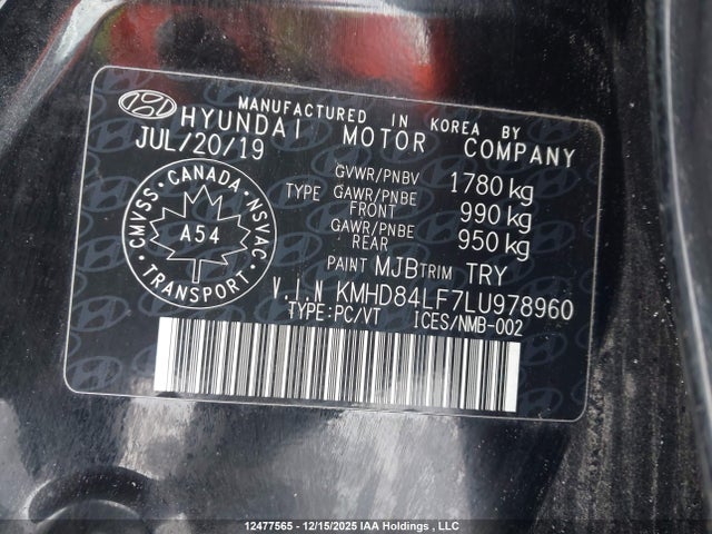 12477565 :رقم المزاد ، KMHD84LF7LU978960 vin ، 2020 Hyundai Elantra مزاد بيع
