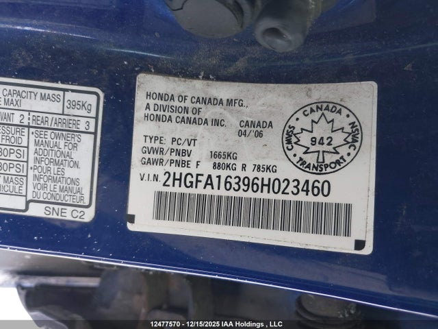Продажа на аукционе авто 2006 Honda Civic, vin: 2HGFA16396H023460, номер лота: 12477570