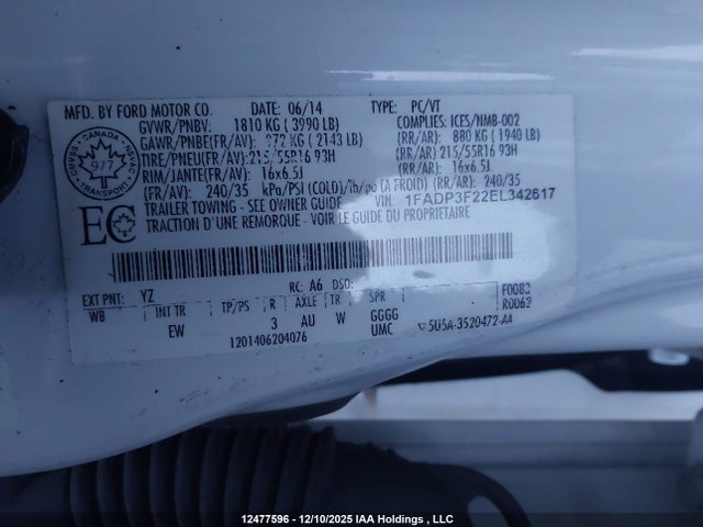 1FADP3F22EL342617 Ford FOCUS SE