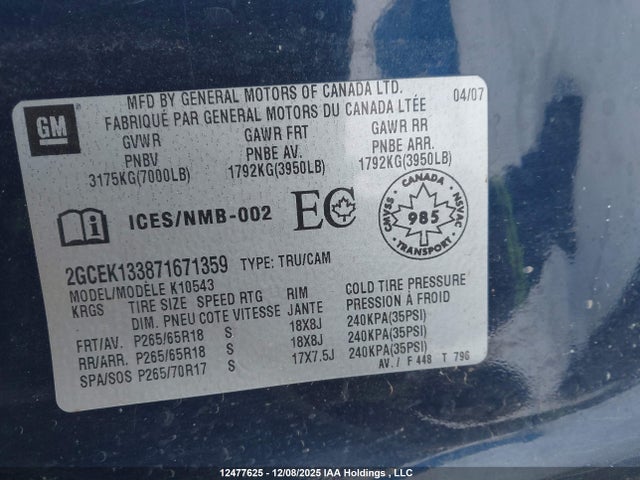 Продаж на аукціоні авто 2007 Chevrolet Silverado K1500 Crew Cab, vin: 2GCEK133871671359, номер лоту: 12477625