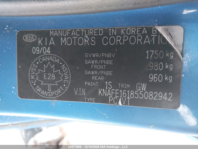 Продаж на аукціоні авто 2005 Kia Spectra5 Sx, vin: KNAFE161855082942, номер лоту: 12477656