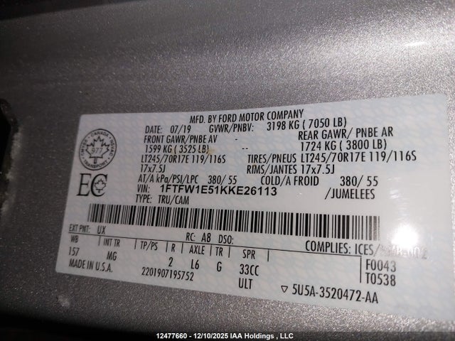 1FTFW1E51KKE26113 Ford F150 Supercrew