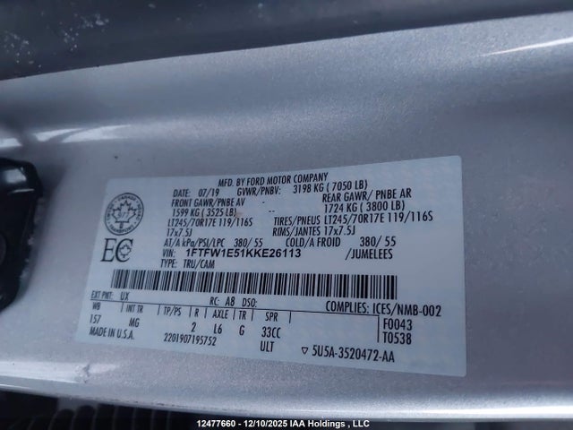1FTFW1E51KKE26113 Ford F150 Supercrew