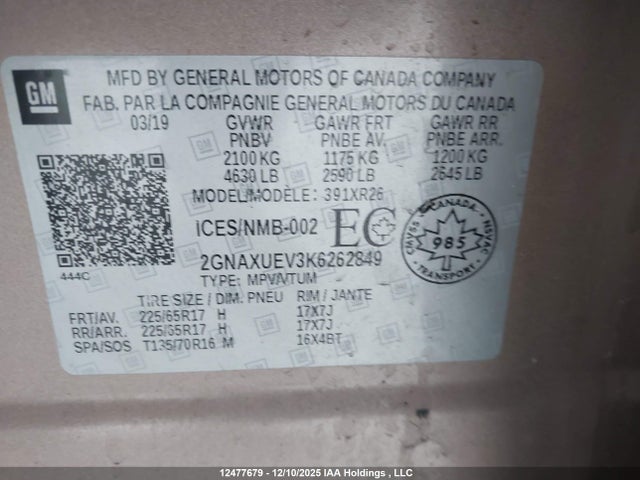 2GNAXUEV3K6262849 Chevrolet EQUINOX LT