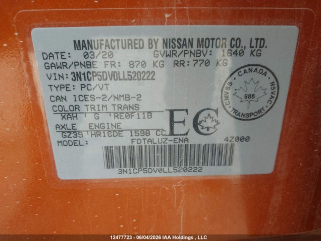 Aukcja sprzedaży 2020 Nissan Kicks Sr, vin: 3N1CP5DV0LL520222, numer aukcji: 12477723